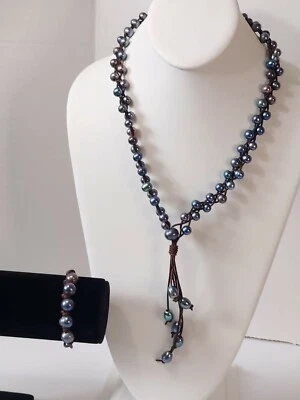 Nuevo conjunto de collar y pulsera borla cuero marrón perla iridiscente azul Foto 1 de 4