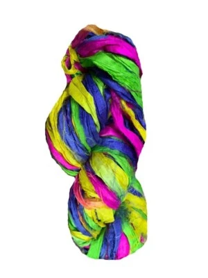 Recycled Sari Silk Ribbon Yarn -Yellow, Pink, Green,Blue -50 GMS - Boho Ribbon - Image 1 of 4