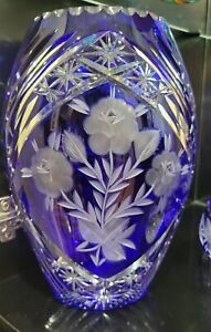  VINTAGE Cobalt Rose Bowl blue cut to clear LARGE vase, lead crystal European 