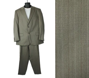 100% Wool Suit 46R 40x26 Versini Beige Brown Pinstripe 2 Piece Blazer Pants - Picture 1 of 5