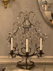 Vintage Französische Girandole Schmiedeeisen Lampe mit Blumenprismen - Bild 1 von 7