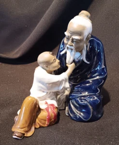 VTG Chinese Wanjiang Mudman Figurine Child Touching Old Man Beard Blue - Picture 1 of 11