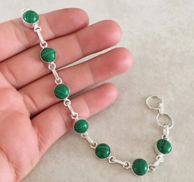 NATURAL ROUND GREEN MALACHITE 925 STERLING SILVER LINK CHAIN BRACELET 7.75” - Image 1 of 4