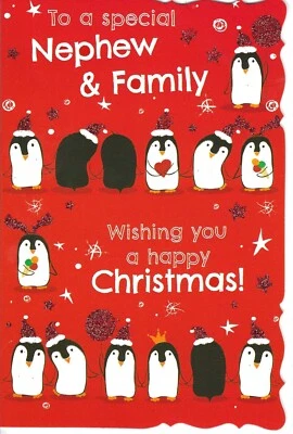 OUT OF THE BLUE NEPHEW AND FAMILY CHRISTMAS GREETING CARD 9"X6" PENGUINS