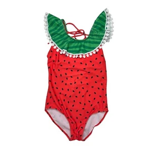Watermelon Ruffle Swimsuit Girls Size 3X 8/9 One Piece Tie Back Ric Rac Trim - Picture 1 of 12