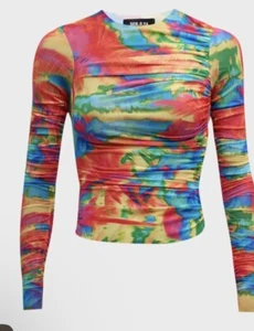 SER.O.YA Multicolor Printed Mesh Long-Sleeve Crop Top Small Seroya - Picture 1 of 5
