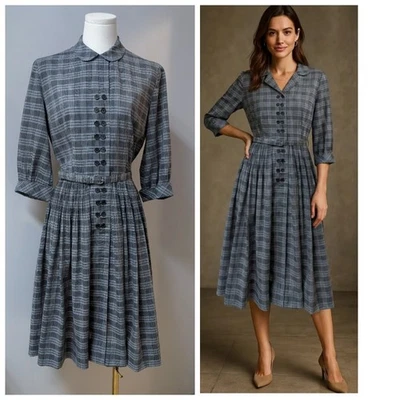 Vintage 50's Leslie Fay Plaid Fit And Flare Day Dress Peter Pan Loop Collar S - Image 1 of 4