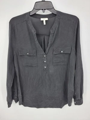 Joie Top 女式 14 黑色丝绸长袖口袋波普尔职业衬衫现代 — 第 1/4 张图片