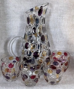 Bohemian Crystal Glass Pitcher Thumbprint Colorful Coin Dot Art Pitcher + 4 Cups - Picture 1 of 11