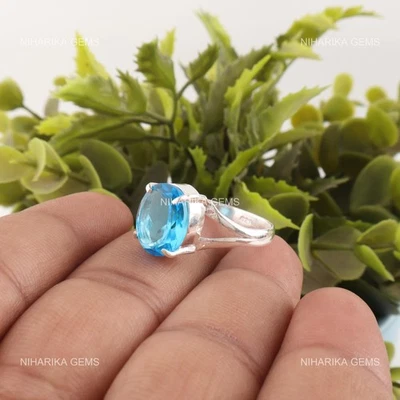 925 Silber Ovale Schweizer Blau Topas Edelstein Hochzeit Solitaire Ring Schmuck - Bild 1 von 4