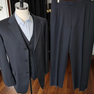 Vintage Jones Ny 3 Piece Suit 44r 36x31 Chevron Wool 1990s Relaxed Leg - Image 1 of 4