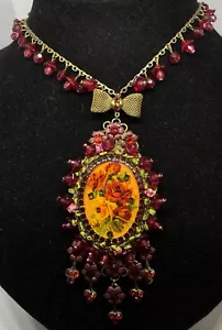 Necklace Elegant Michal Negrin Crystals Flowers roses enamel fabric Israel - Picture 1 of 10