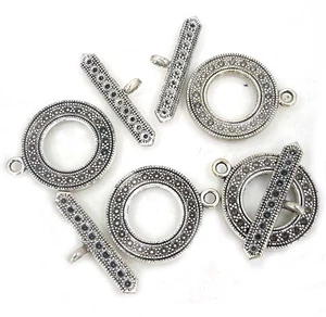 4 Large Ornate Antique Silver Pewter Round Donut Toggle Clasps - Picture 1 of 3
