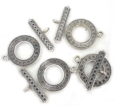 4 Large Ornate Antique Silver Pewter Round Donut Toggle Clasps  - Image 1 of 3