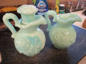 Set of 2 Vintage ~ Jadeite Green Swirl Milk Glass Rose ~Mini  Pitchers - Picture 1 of 4