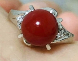 [MINT] 8.4mm Large Red Coral Ring Pt900 0.02ct Diamonds US:5.5 UK:K JP Vintage - Picture 1 of 20