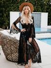 Women's Embroidered Sheer Lace Kimono Sleeve Long Duster Cardigan Maxi Black