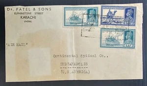 1938 India Airmail Cover ties 3 stamps cd Karachi-Indianapolis - Picture 1 of 2