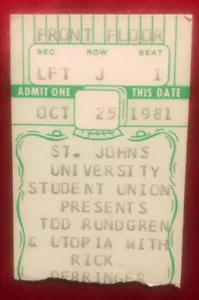 Todd Rundgren Utopia Rick Derringer Concert Ticket Stub St John's Unv NY 1981 - Picture 1 of 1