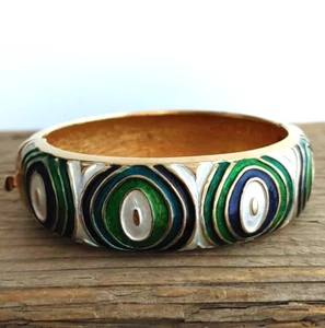 Vintage Enamel PEACOCK FEATHER Pattern Bracelet Hinged Gold Tone Blue Green - Picture 1 of 6