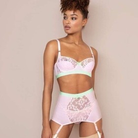 AGENT PROVOCATEUR PINK/MINT QUINN BRA 32DD 34D & 3 MEDIUM SUSPENDER & BRIEF BNWT