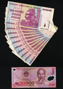 10 x 500 Million Zimbabwe Dollars + 1 x 50,000 Vietnam Dong Banknotes Currency - Picture 1 of 3