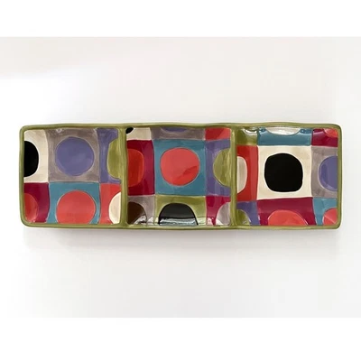Pier 1 Urban Dot Divided Tray Handpainted Ceramic Earthenware 20"x6.5" Colorful - Image 1 of 4