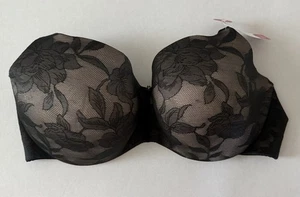 CACIQUE Invisible Back Smoother Lined Black Lace Floral BALCONETTE BRA SIZE 42F - Picture 1 of 9