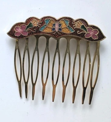 Dos peines de pelo vintage Cloisonne rojo rosa esmalte floral diseño mariposa Foto 1 de 4