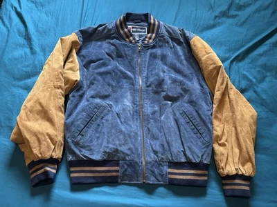 Vintage Free Country Suede Jacket Coat Mens Medium Blue Beige Lined Varsity 90s - Image 1 of 4