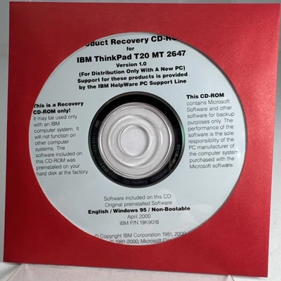 product recovery Disc Cd-rom ibm thinkpad t20 MT 2647 - Image 1 of 2