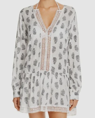 Athena Women's White Paisley Sheer V-Neck Tunic Cover-Up Swimwear Sz Medium - Image 1 of 4