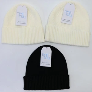 Set of 3 Time And Tru Beanie Hat Winter White, Black Rib Knit Cuffed Lot - Picture 1 of 6