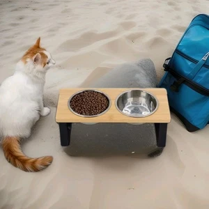 Anti Vomiting Elevated Tilted  Cat Food Bowls with Wooden Stainless Steel Stand - Picture 1 of 9
