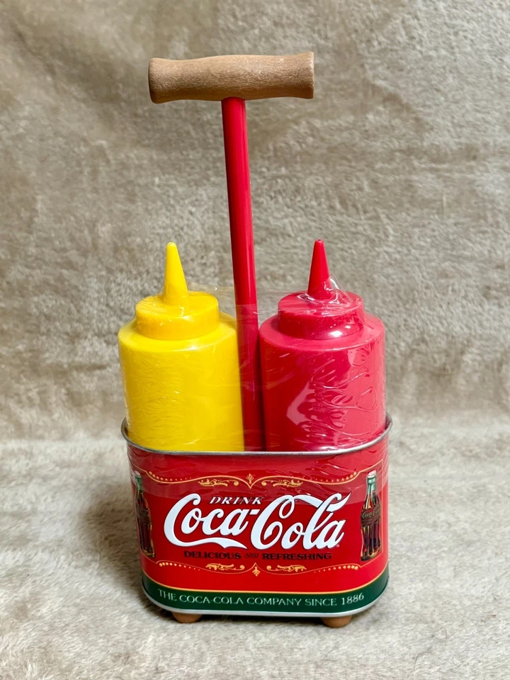 Coca-Cola Tin Caddy With Ketchup And Mustard Squeeze Bottles