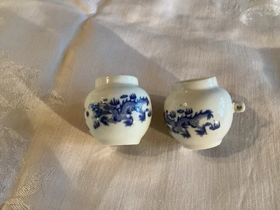 2 Vintage Antique Oriental Ceramic Bird Feeder Bowls white and blue - Image 1 of 4