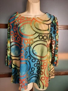 Ali Miles Top Shirt Sz M Petite Burnout Geometric Colorful Button Accents - Picture 1 of 5