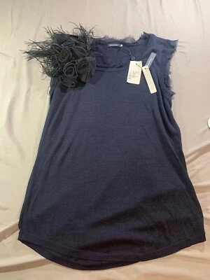 Camiseta sin mangas de seda MAGASCHONI talla M nueva con etiquetas azul marino ~ rosas y plumas ~ precio de venta sugerido por el fabricante 274,00 USD Foto 1 de 4