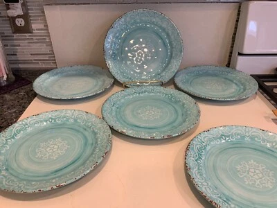 CYNTHIA ROWLEY MELAMINE Crackle Turquoise Swirl Dinner Plates 11" Set of 6 - Image 1 of 4