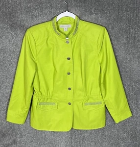 Laura Ashley Button Front Jacket Womens Size PM Petite Green Beaded Mock Neck - Picture 1 of 6