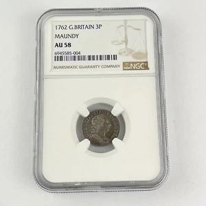 NGC Graded Great Britain 1762 George III Maundy Threepence 3p AU 58 AU58 - Picture 1 of 4