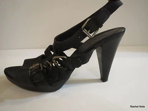 J.Crew Sandals Heels Sz 9 Black Canvas Leather Cage Mary Jane Strap Buckles Cone - Picture 1 of 9