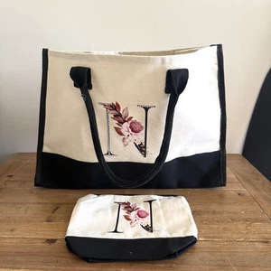 Initial N Canvas Tote Bag with Makeup Bag Reusable Beach Tote Bag New Cream - Picture 1 of 24
