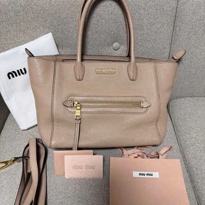 miu miu Tote Shoulder Bag Small Logo Leather Pink Beige Women's USED FROM JAPAN - Picture 1 of 7