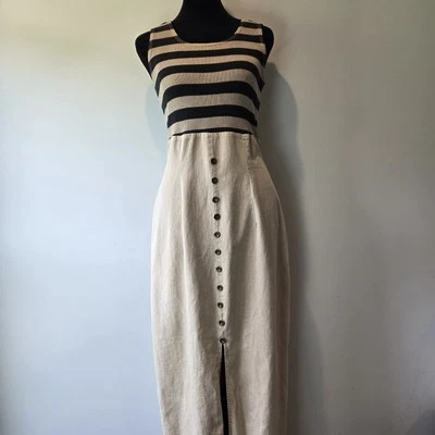 Retro Striped Halter Tank Maxi Dress with Button Front  8 - Image 1 of 4