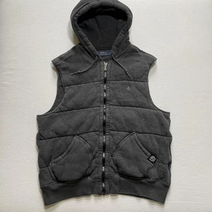 Polo Ralph Lauren Vest Mens XL Gray Hooded Quilted Two-Way Zip Waffle Lined Logo - Picture 1 of 12