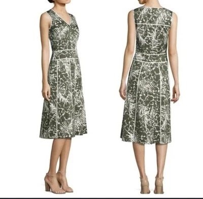 Lafayette 148 New York Dress Green White Flare  A-Line V Neck Cotton Poplin Sz 4 - Image 1 of 4