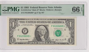 Fr 1918-Fm* (F*) 1993 $1 FRN F01208205* bp487 PMG 66EPQ GEM CU ATLANTA MULE - Picture 1 of 2