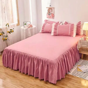 3pcs Solid Color Ruffle Bedspread Skin-friendly Bed Skirt with 2pcs Pillowcases