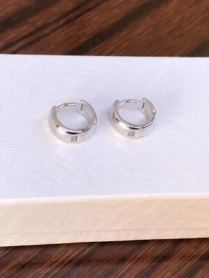 925 Sterling Silver Wide Plain Huggie Hoop Earrings Mens Womens 10mm/8.5mm x4mm - Image 1 of 4